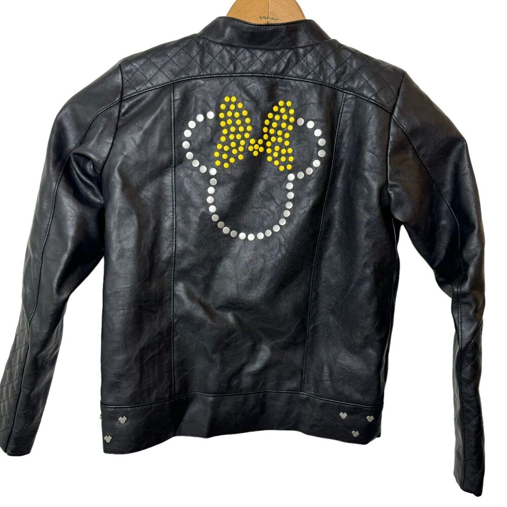 Disney Minnie Mouse Faux Leather Girls Jacket Black Moto Zip Up Youth Size 9/10